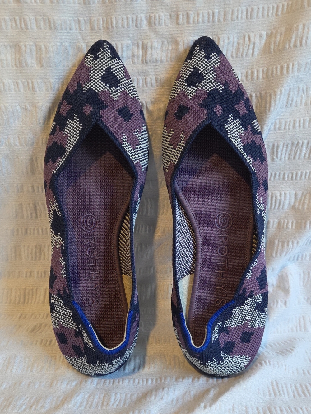 Rothy's Pointed Knit Flats in Purple and Navy Pattern